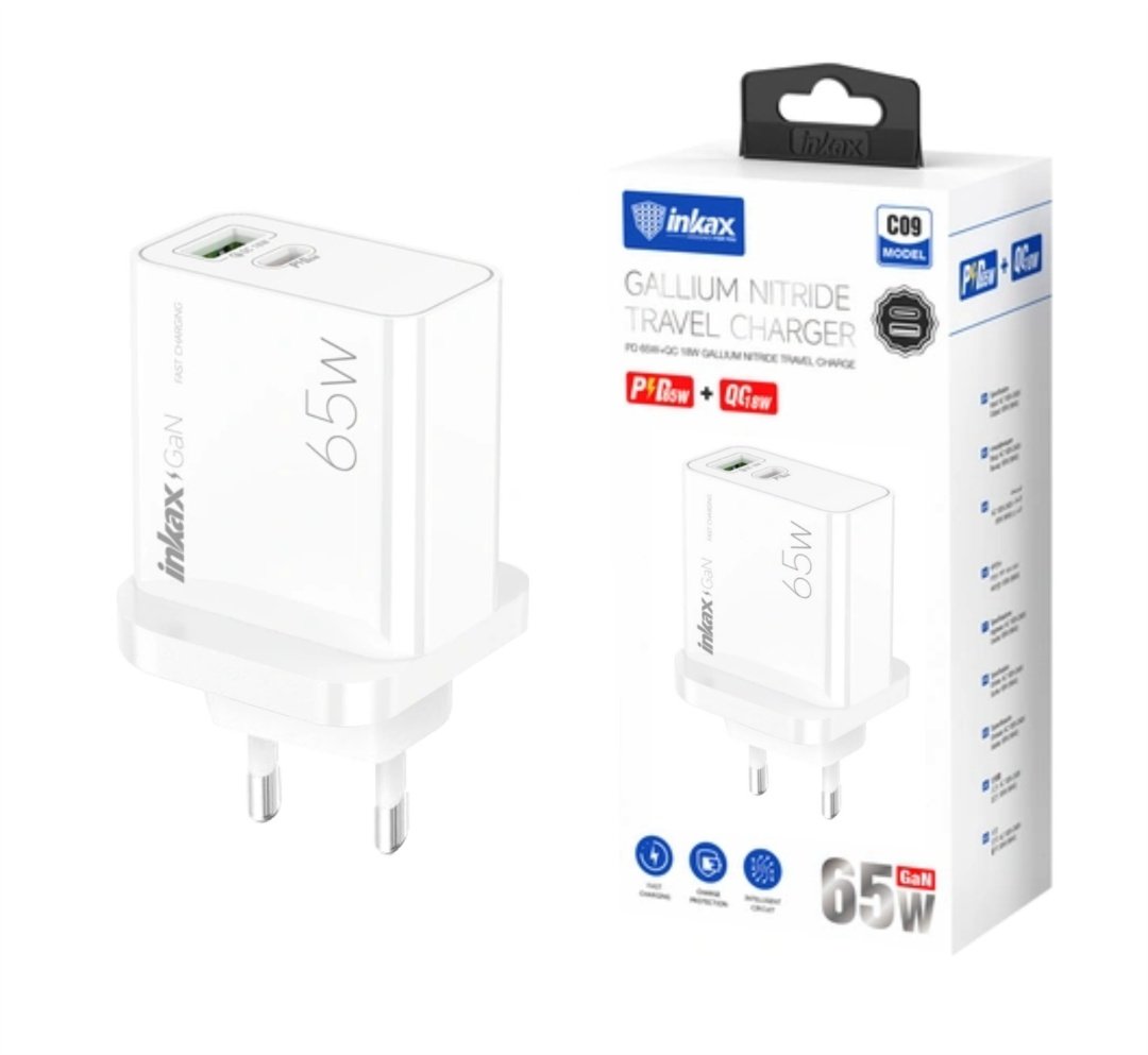 Cargador Inkax USB-A+C GaN 65W Blanco