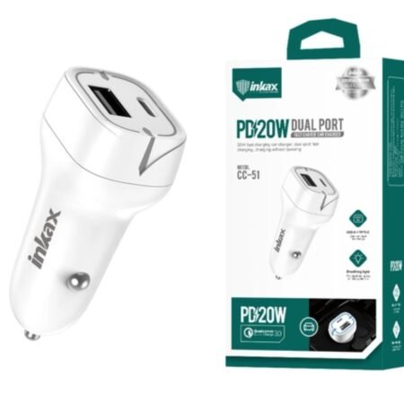 Cargador auto Inkax USB-A+C 3A 20W blanco