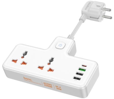 HOCO AC12A CARGADOR/ZAPATILLA SCHUKO C/2 1 USB-C/3 USB-A WHITE 30W(O)