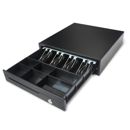 Cajero metalico para punto de venta grande.