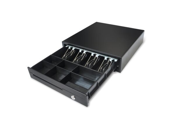 Cajero metalico para punto de venta grande.