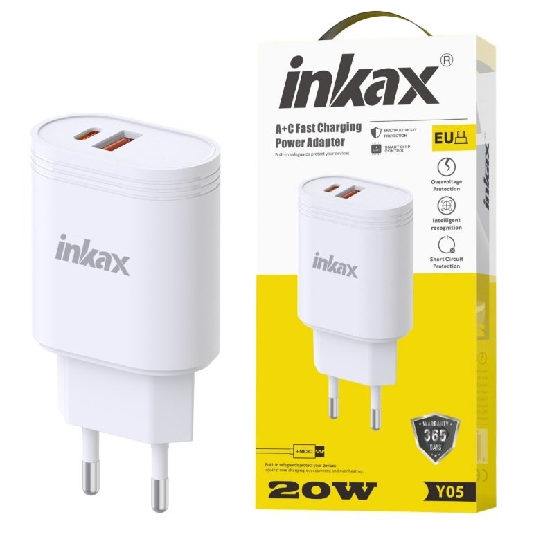 Cargador Inkax Y05-EU USB-A+C 20W Carga Rápida Blanco