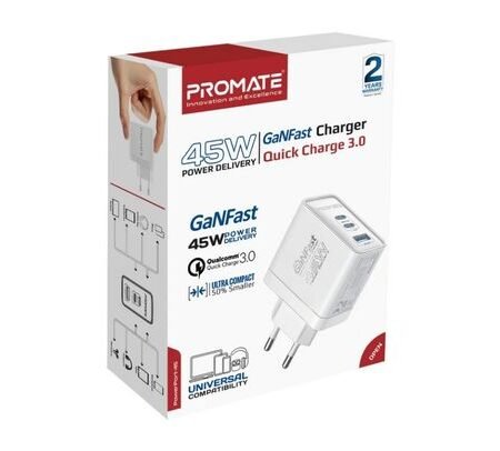 PROMATE POWERPORT-45.WHITE.EU CARGADOR PARED 2 USB-C/USB-A 45W