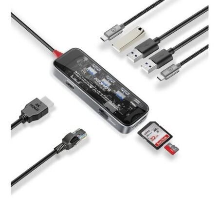 PROMATE TRANSHUB-GO HUB 9 EN 1 USB-C A USB-C/A/HDMI/SD/RJ45 100W