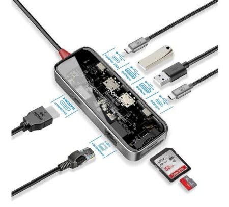 PROMATE TRANSHUB-MINI HUB 8 EN 1 USB-C A USB-C/A/HDMI/SD/RJ45 100W