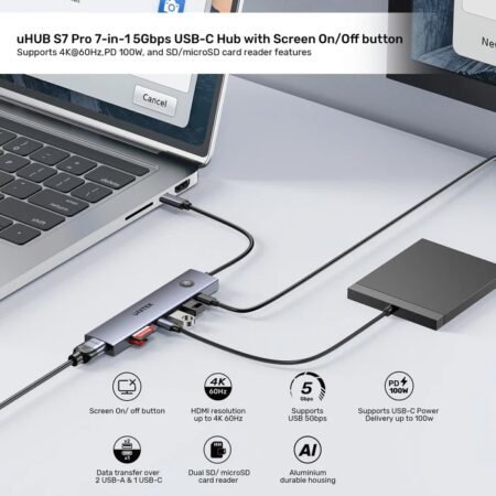HUB USB-C Unitek 7 en 1 con botón screen on/off