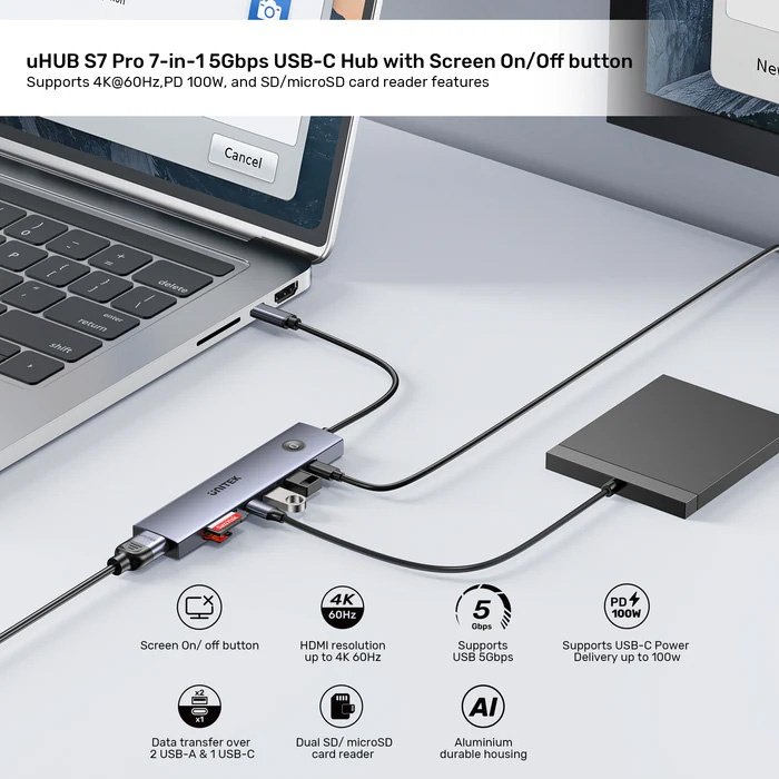 HUB USB-C Unitek 7 en 1 con botón screen on/off
