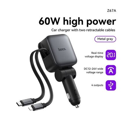 HOCO Z67A CARGADOR AUTO PD60W 1 USB-C Y 1 USB-A C/CABLE USB-C Y LIGHTNING GRAY