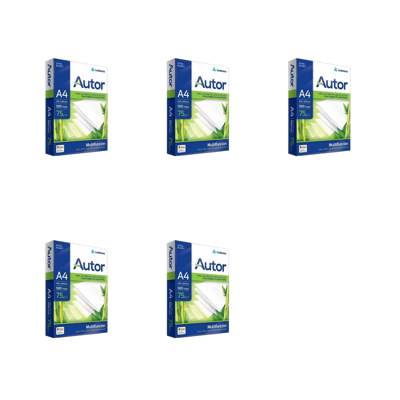 Combo 5× Papel Autor A4 75g Opaco Resma 500 hojas