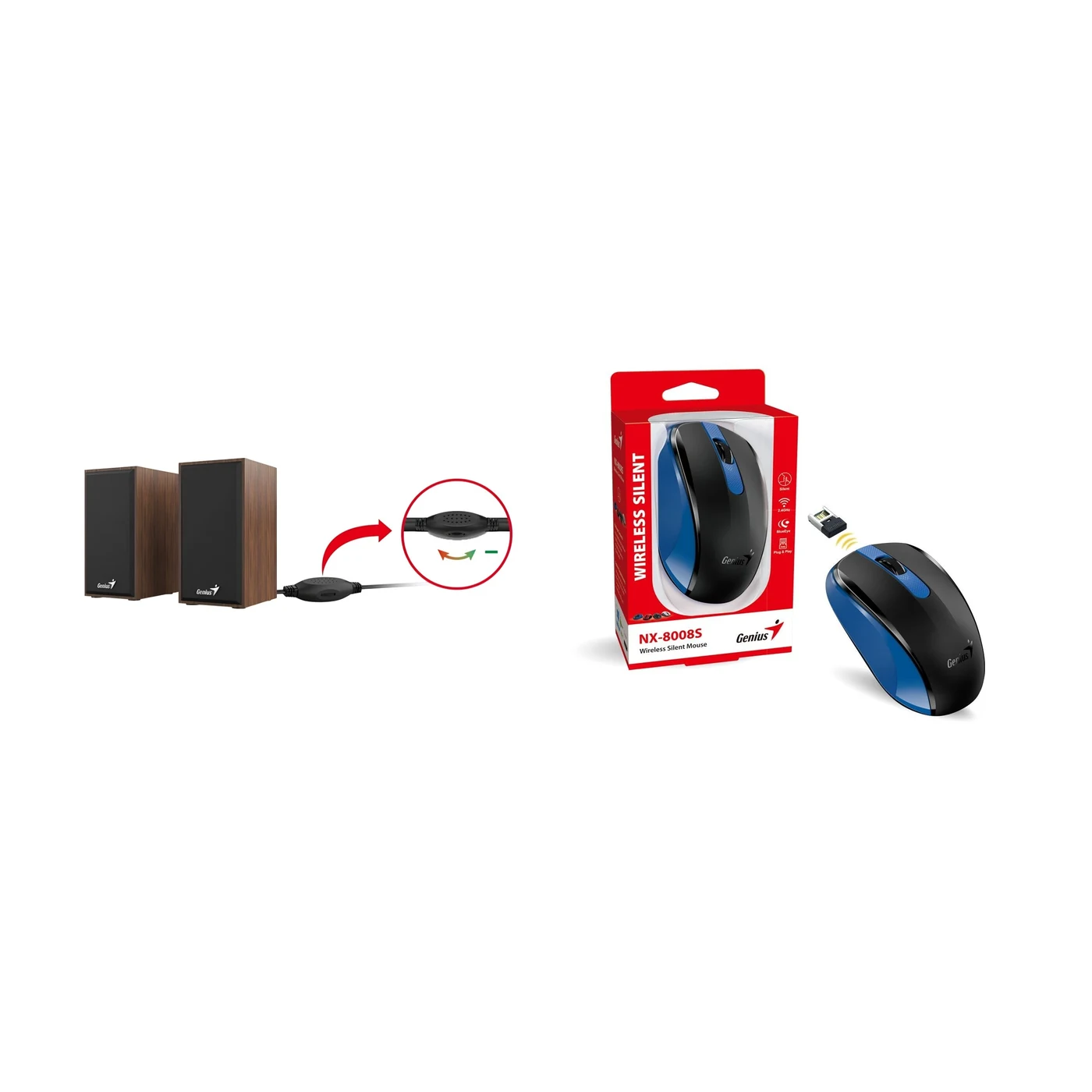 Combo Parlantes Genius 2.0 SP-HF180 6W USB Madera + Mouse Genius NX-8008S Inalámbrico Silencioso Azul